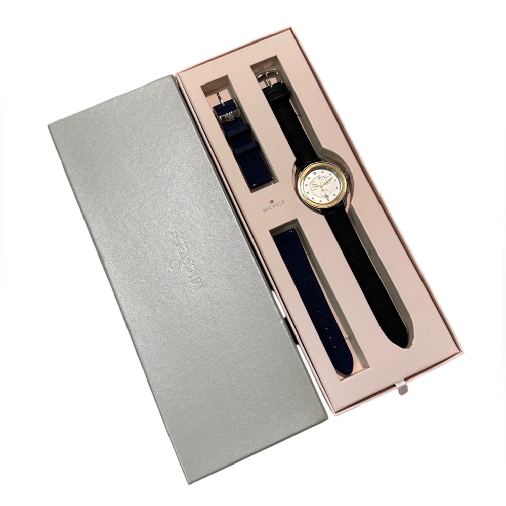 Michele Watch Pre-Loved 2 bands Navy & Black. Needs batteries replaced.